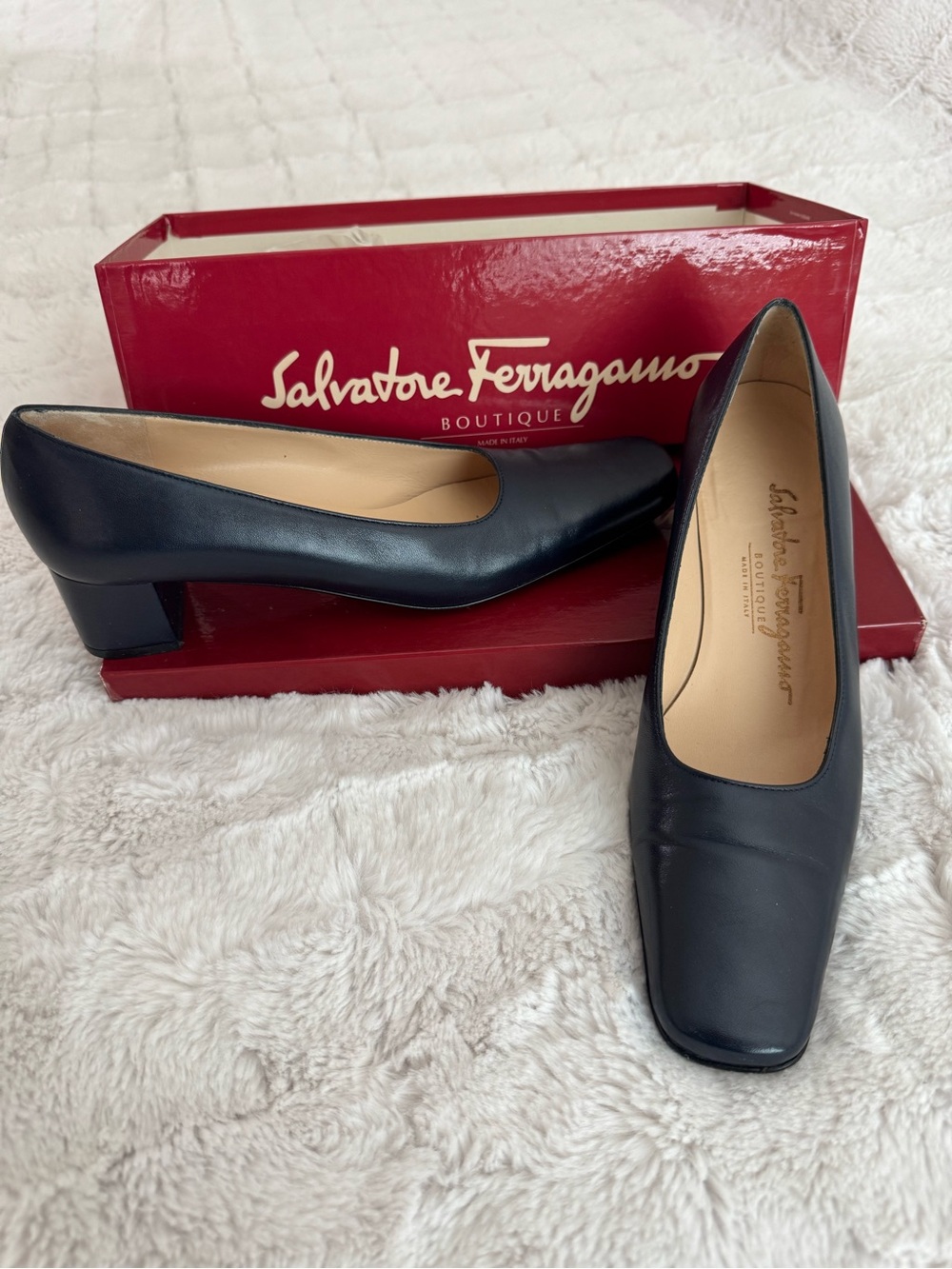 Salvatore Ferragamo Dark Blue Leather Low Block Heel Pumps